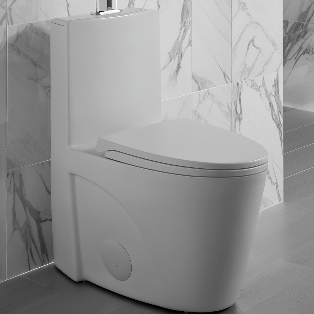 Light Gray One-Piece Toilet — Comfort Height, Soft Close — lifestyle 3