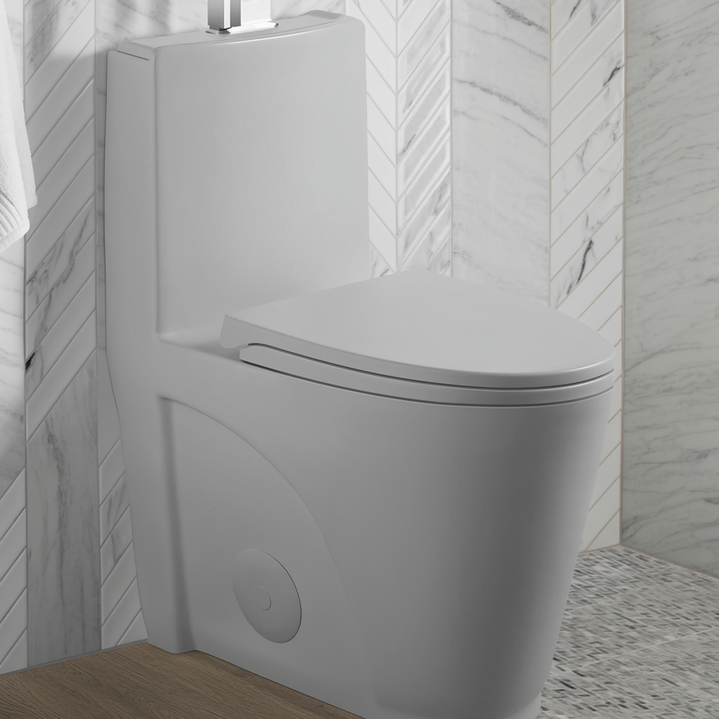 Light Gray One-Piece Toilet — Comfort Height, Soft Close — lifestyle 4