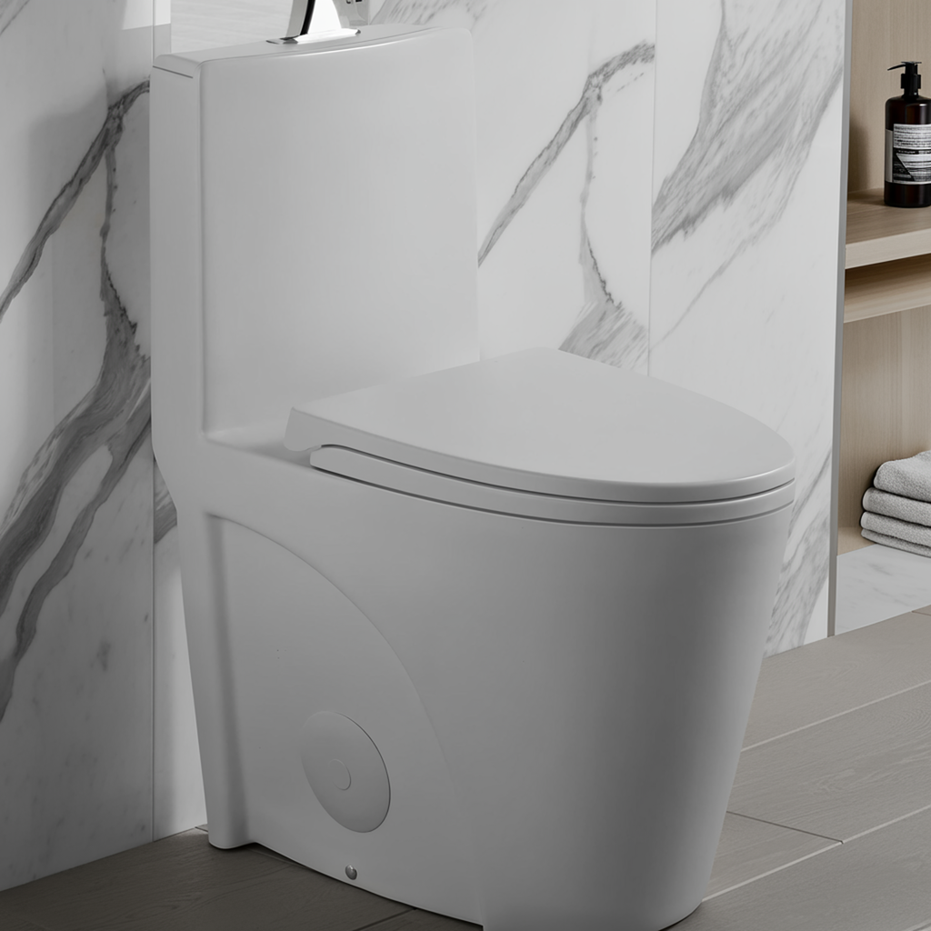 Light Gray One-Piece Toilet — Comfort Height, Soft Close — lifestyle 5