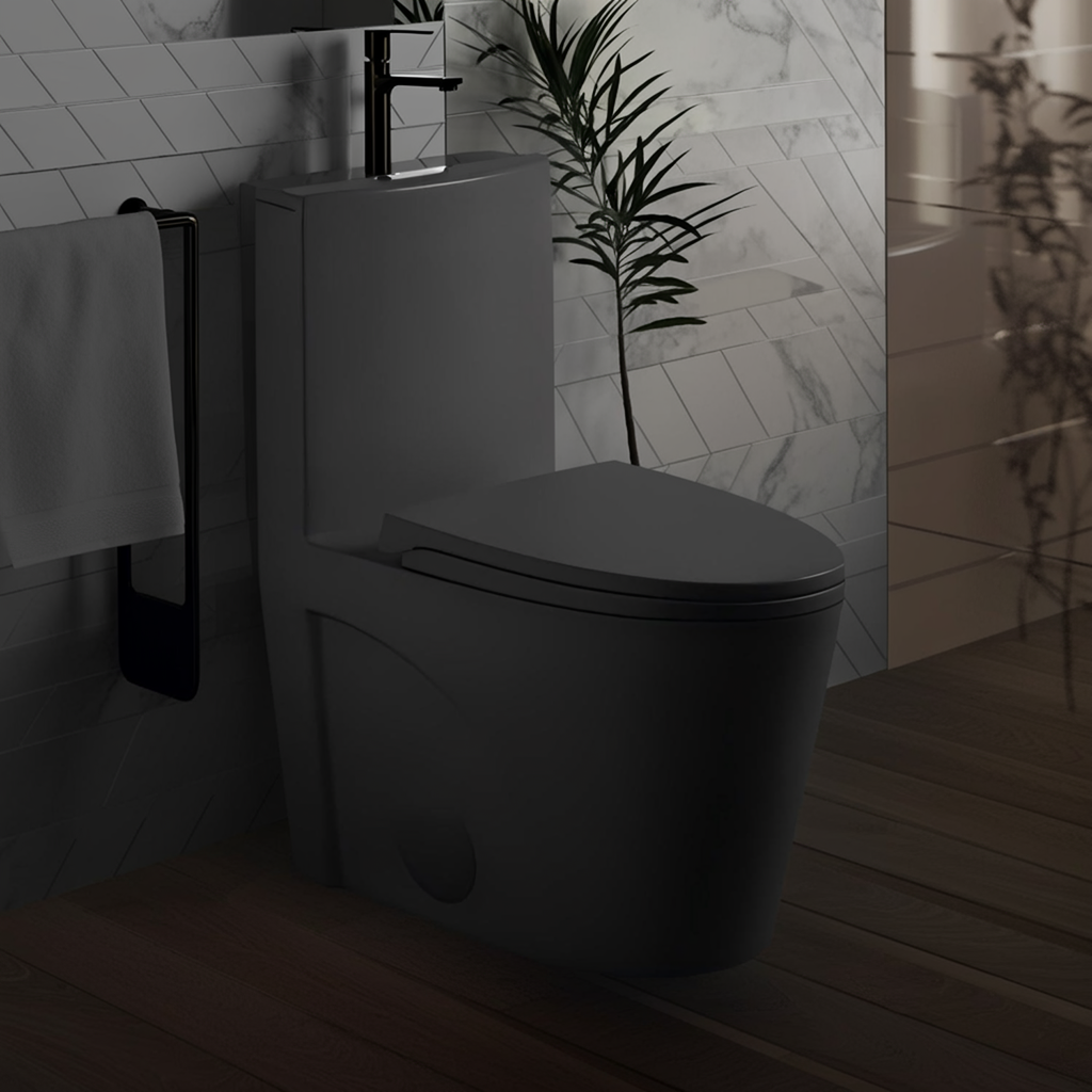 Matte Black One-Piece Toilet — ADA Height, Dual Flush — lifestyle 1
