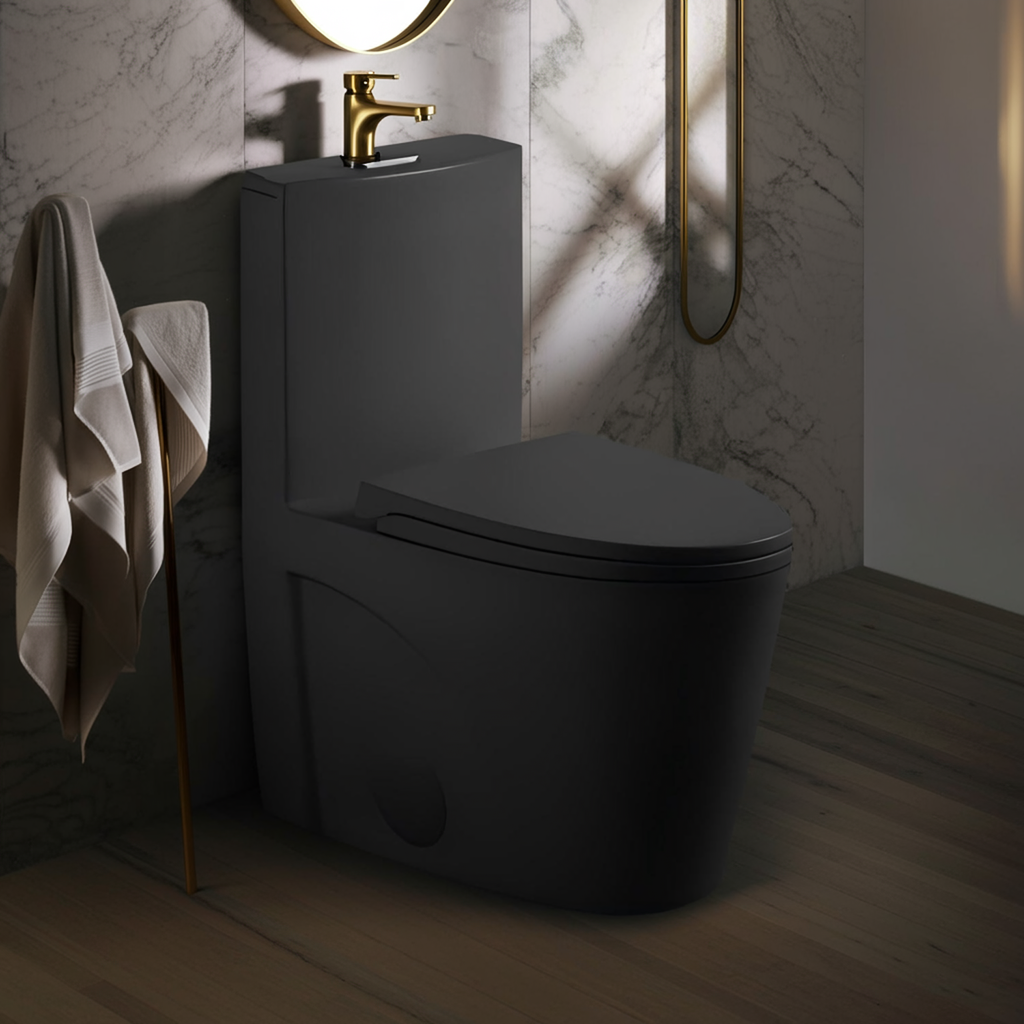 Matte Black One-Piece Toilet — ADA Height, Dual Flush — lifestyle 2