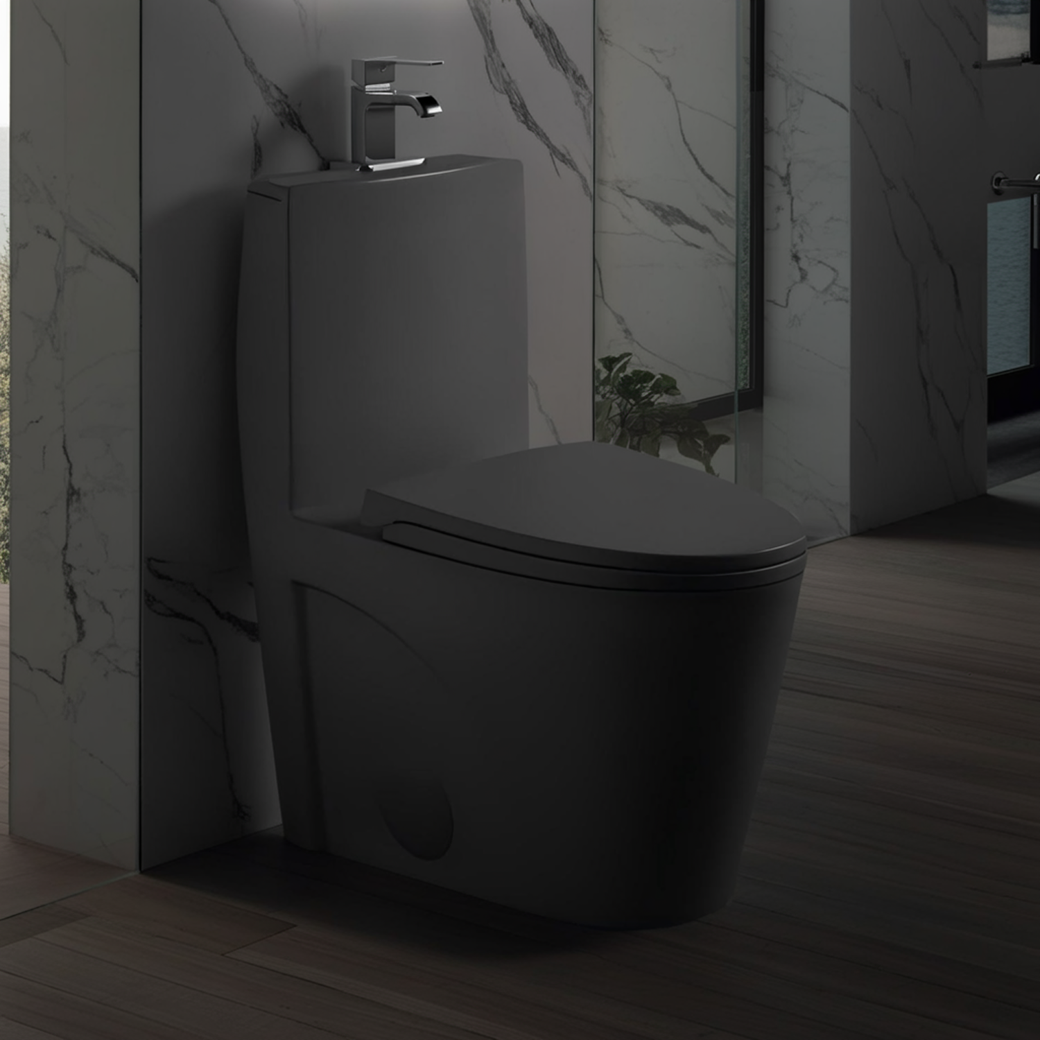Matte Black One-Piece Toilet — ADA Height, Dual Flush — lifestyle 3
