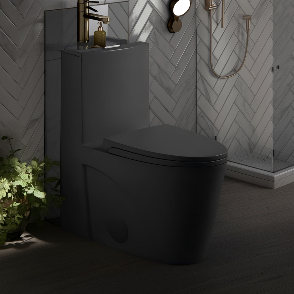 Matte Black One-Piece Toilet — ADA Height, Dual Flush — lifestyle 4