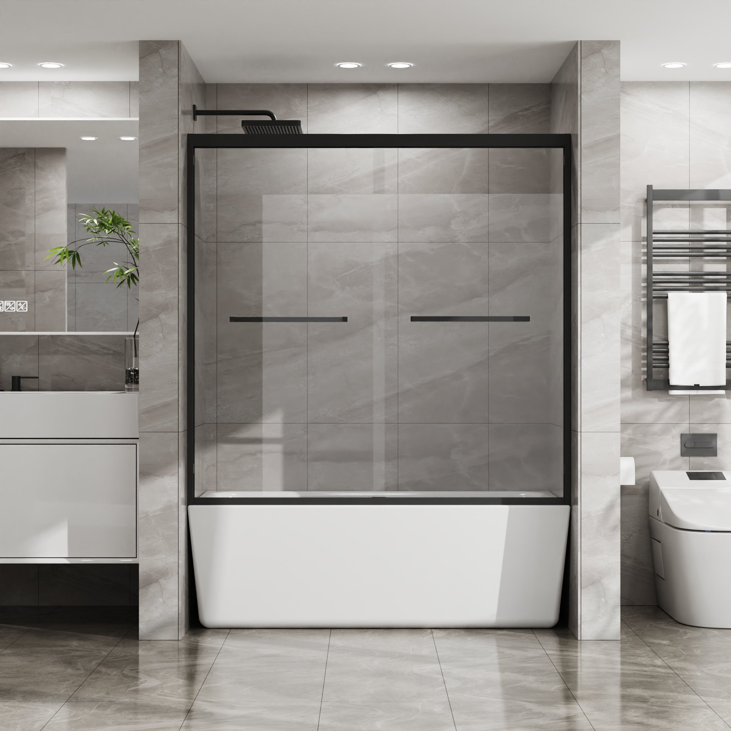 Matte Black Sliding Shower Door — 60 in. × 58 in. — lifestyle 1
